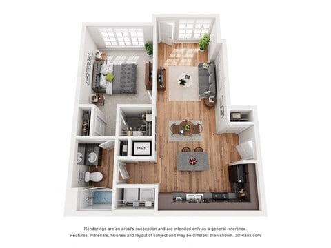 Floor plan for 1 bed, 1 bath, 760 sqft